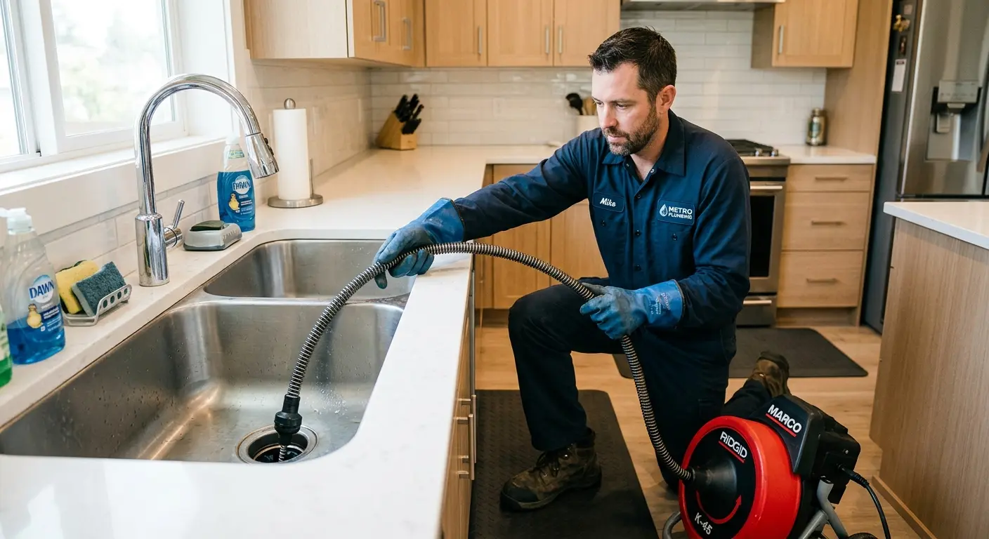 Drain cleaning technician using a motorized snake on a kitchen sink in Audubon