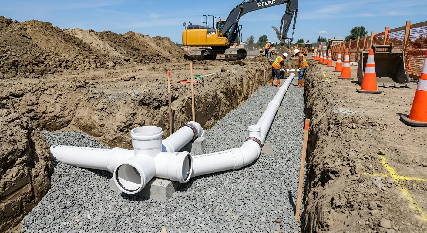 New PVC sewer pipe installation in open trench for Sewer Backup in Audubon