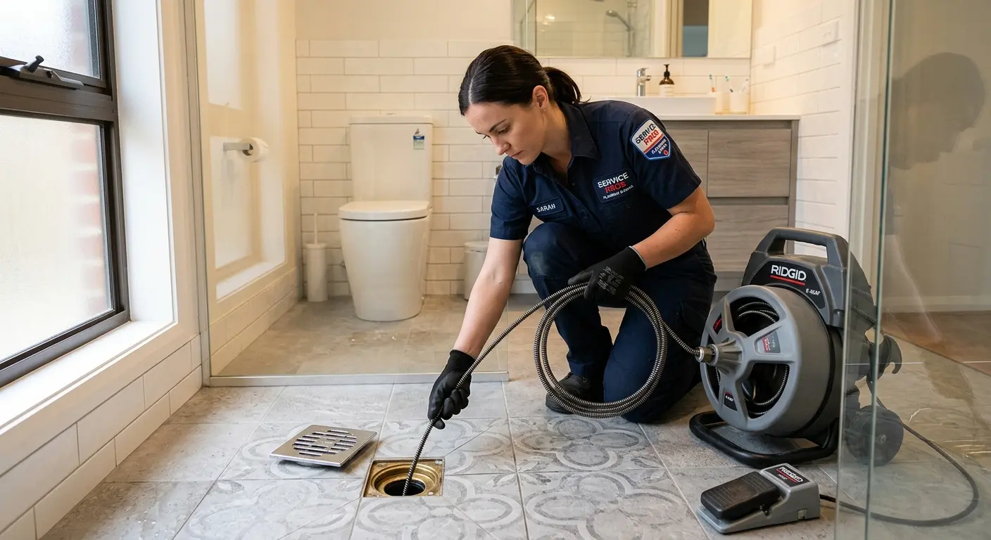 Technician clearing a bathroom floor drain for Hydro Jetting in Audubon